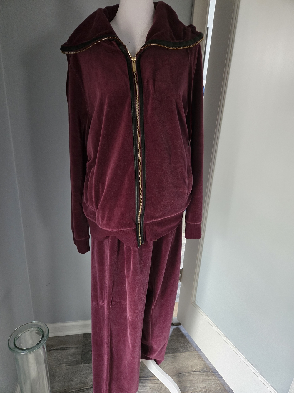 Calvin Klein Velvet Zip Hoodie and Wide Leg Pants in Plum. Gold Hardware. Large.